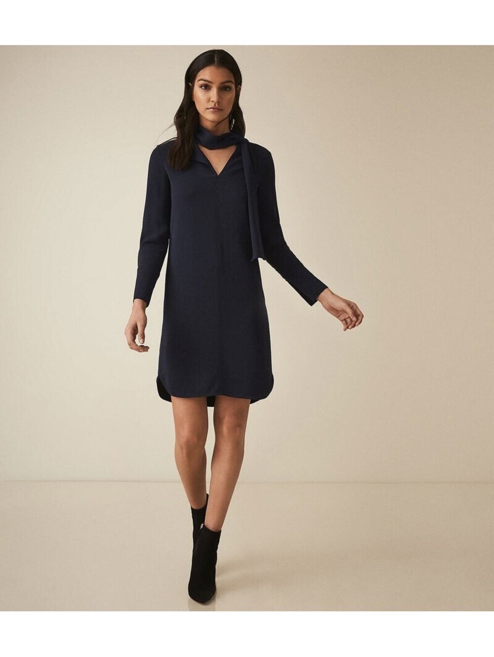 REISS Mirela Navy Blue Neck Tie Mini Shift Dress Size 2 NWOT